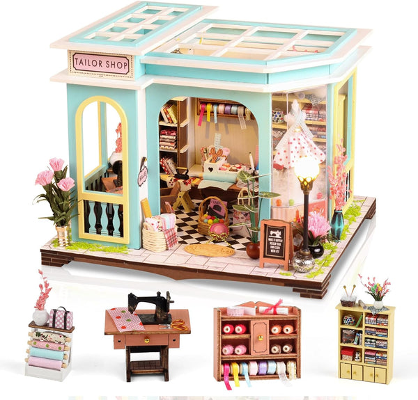 DIY Miniature House Kit, Tailor Shop Mini House Building Kit with Furniture & LED, Tiny House Model for Adults Teens
