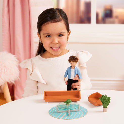 Lori Mini Boy Doll & Toy Living Room Furniture Set – 6-inch Doll with Sofa, Armchair, Coffee Table, Rug, Plants