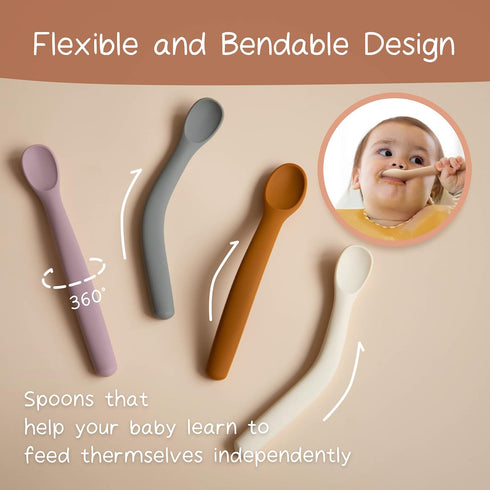 Moonkie Silicone Baby Spoons Set of 4, Two Sizes for 4+ Months, Toddler Led Weaning Spoons with Case, Bendable