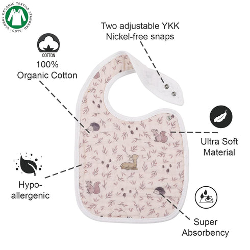 Snap Muslin Bibs for Girls, 3-Pack Baby Bibs for Infants, 100% Cotton Muslin, Adjustable Snaps, Soft & Absorbent