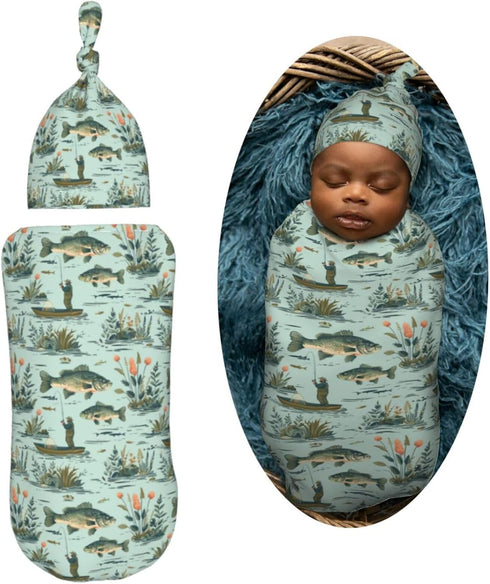 Sets Fisher and Bass Fishes Newborn Swaddle Blankets Hat Soft Baby Receiving Blanket Swaddle Sack for Baby Shower