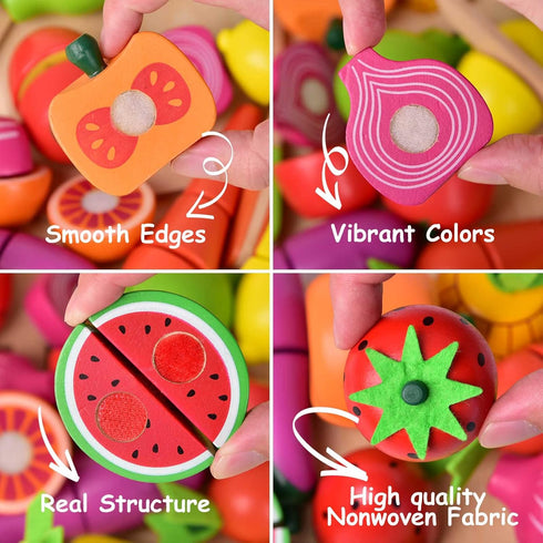 35PCS FUN LITTLE TOYS Wooden Play Food for Kids Kitchen, Pretend Cutting Food Toys with Wooden Tray, Dishes and Knife