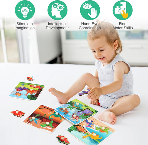 Set of 4 Wooden Peg Puzzles for Toddlers 1-3, Educational Preschool Toy for Ages 2-4, Ideal Gift for Boys and Girls