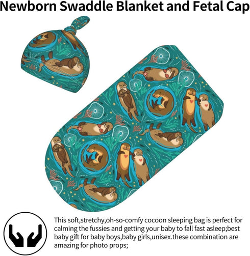 Cute Sea Otters Newborn Swaddle Blankets with Beanie Sets, Soft Swaddling Blanket Gifts for Infant Boys Girls
