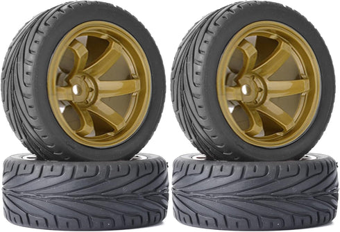 4PCS RC Car Rubber Tires and Plastic Wheels Rims for 1/10 Scale On Road Touring Racing Flat Drift Car (Gold)