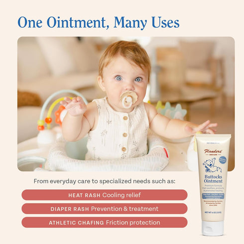 4oz Flanders Buttocks Ointment Zinc Oxide Diaper Rash Cream, Tube, Thick Barrier Paste for Baby & Adult Skin, Heat