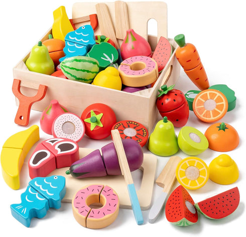 Wooden Play Food for Toddlers - 34Pcs Velcro Fruit and Veggies with