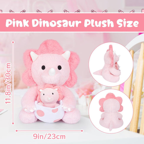 Dinosaur Stuffed Animal, 11.8inch Pink Plush with Baby Dino Toy, Triceratops for Girls, Boys, Birthday Gifts