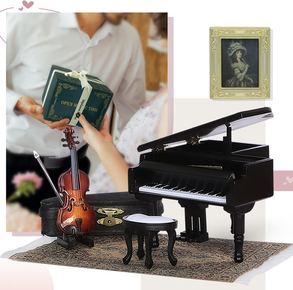 iLAND Piano Music Box & Miniature Violin w/Giftbox, 1/12 Scale Accessories of