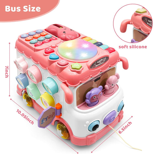 DELUTIQUE 1 12-18 1-3, 1st Baby Bus Toy for Year Old Girl Gifts, Montessori Musical Bus Toy for Baby Months, Baby Piano