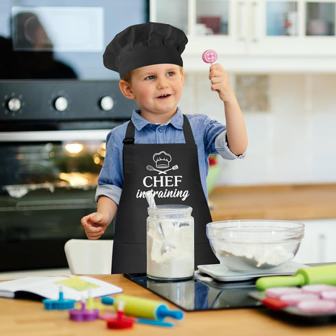 Kids Adjustable Apron and Chef Hat Set - “CHEF in Training” Funny Apron for Children