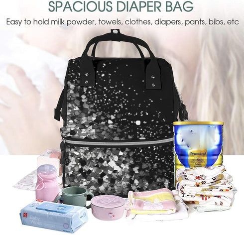 FHEDVBN Backpack Mummy Backpacks Daypack Black white glitter Diaper Bag for Women Multifunction Waterproof for Mom Dad