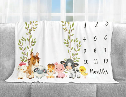 Farm Animals Milestone Blanket, Baby Growth Chart Monthly Blanket, Watch Me Grow for New Moms, 50"x40"