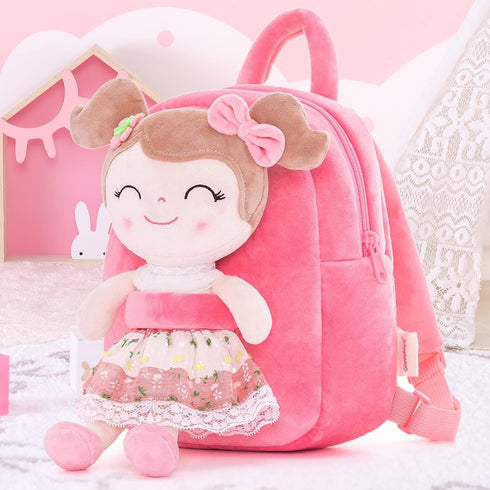 Gloveleya Toddler Backpack - Baby Girl Gift Plush Diaper Bag with Spring Girl Doll, Pink 9 Inches
