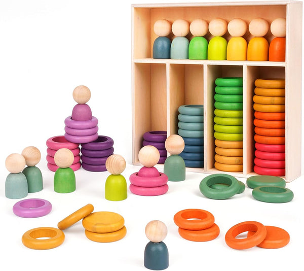 Montessori Toys Wooden Color Sorting Stacking Rings, Rainbow Peg Dolls, Counting Toys for Toddlers