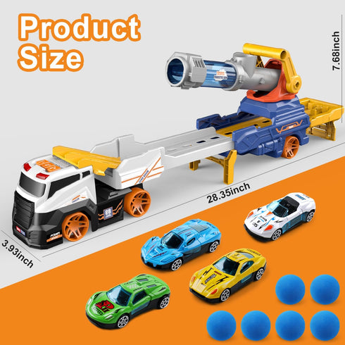 Dwi Dowellin Truck Toys for Kids, 28" Large Car Toys Include 4 Racing Cars + 6 Balls, Light & Sounds, Ejection &