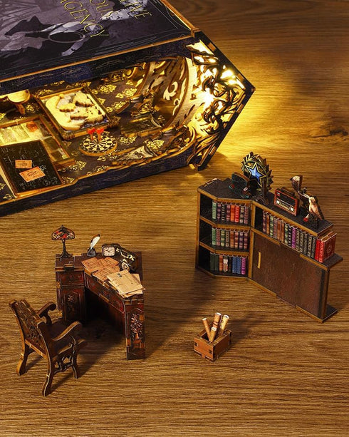 OMEPEA 3D DIY Book Nook Kit Decor - Wooden Puzzle Bookshelf Decor with LED, Bookend Diorama DIY Miniature Dollhouse Kit