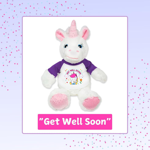Flutter Hut Get Well Soon Unicorn Plush, Pink Sparkles Message T-Shirt, Purple Sleeves, 8 Inches