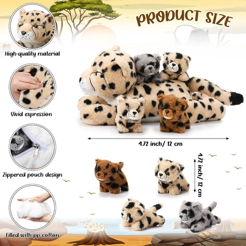 5 Pcs Cheetah Stuffed Animals Set, Large Mommy Cheetah Plush with 4 Soft Cuddly Baby Cubs for Gifts