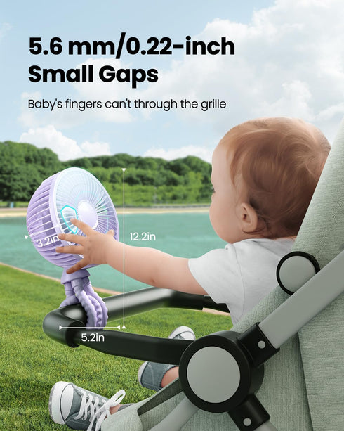 4 360 Gaiatop Oscillating Baby Stroller Fan with LED Night Light, Speeds Cooling Rechargeable Rotate Clip On, Battery