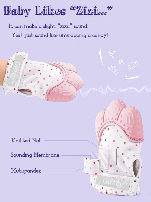 Giftty 3-12 Months(2 Baby Teething Mitten, Self-Soothing Teether Glove, Pain Relief Silicone Mitt, Double Breathable