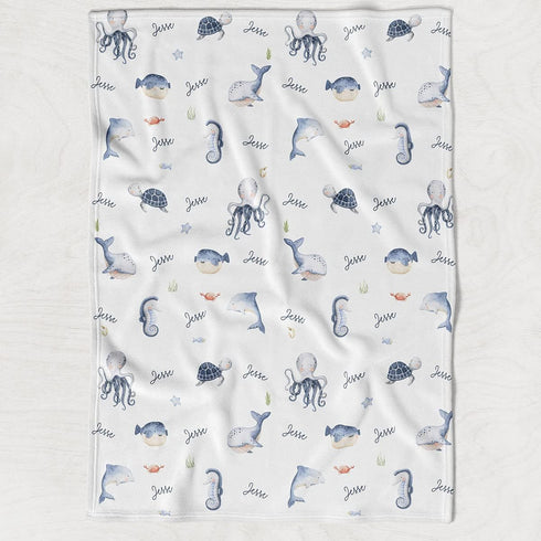 Stork Wares 30x40inch BB349 Under The Sea Personalized Unisex Baby Swaddle Blanket White