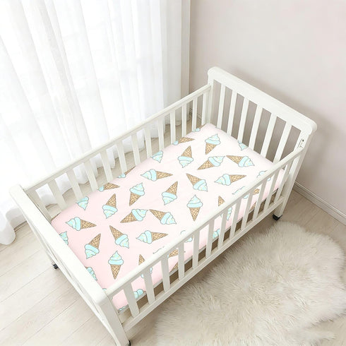 Jynexis 52x28 Ice Cream Pink Print Baby Crib Sheets, Cotton Fitted Crib Sheet, Soft Breathable, Fits Standard Toddler