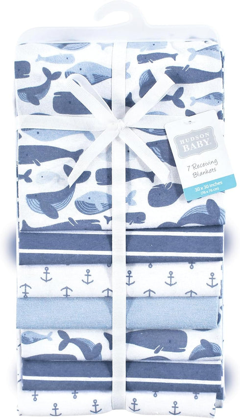 7-Pack Hudson Baby Unisex Baby Cotton Flannel Receiving Blankets Bundle, Cute Whales, One Size