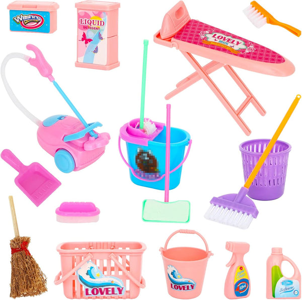 ONEST 18 Pieces Doll Housework Cleaning Supplies Miniature Mini Dollhouse Accessories Dollhouse