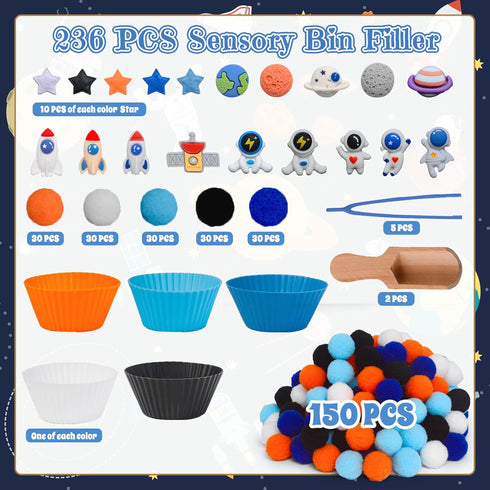 236pcs Space Sensory Bin Filler Fine Motor Toys Astronaut Spaceship Sensory Bin Items Astronauts Saturn Moon Mars Earth
