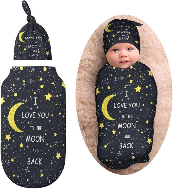 I Love You to The Moon and Back Newborn Baby Receiving Blanket with Beanie Hat Gifts for Boys and Girls