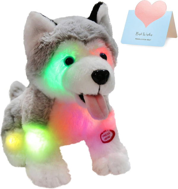Athoinsu Light Up Husky Dog Stuffed Animal, Soft Glowing Plush Puppy Toy with Magic LED Night Lights, 8''