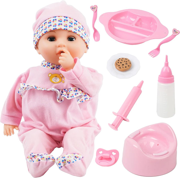 Toy Choi's 16 Inch Interactive Baby Doll, Pink - Talking Feeding Doll with Sounds and Accessories