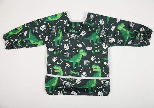 Baby Bib Long Sleeved Shirt with Pocket - Toddler for Boys 1-3 Years Old, Green Dinosaurs