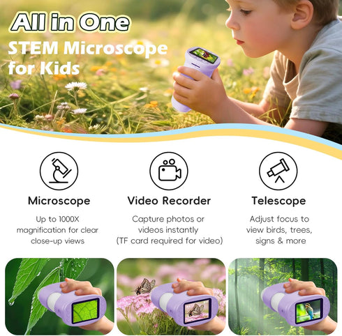Alotwan 1000X 3-8 8GB Kids Digital Microscope Zoom, Mini Pocket Handheld Microscope with Camera/Video/Telescope