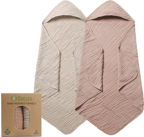 Seozio Muslin Hooded Baby Towels, 2 Pack 100% Cotton 32x32Inch Baby Bath Towel