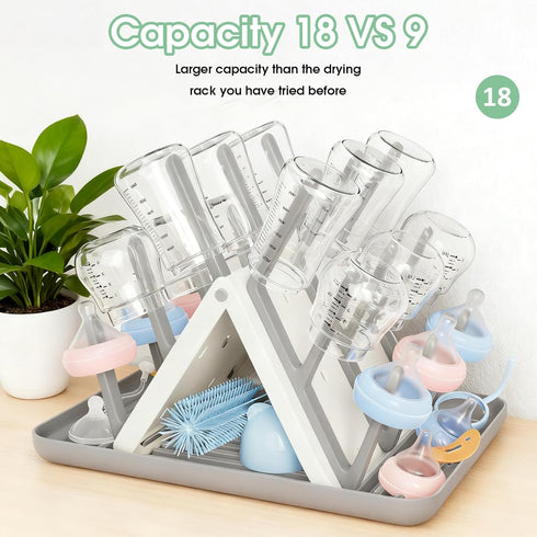18 Countertop Large Baby Bottle Drying Rack, Space Saving Hooks Slope Travel Bottle Dryer with Removable Drip Tray