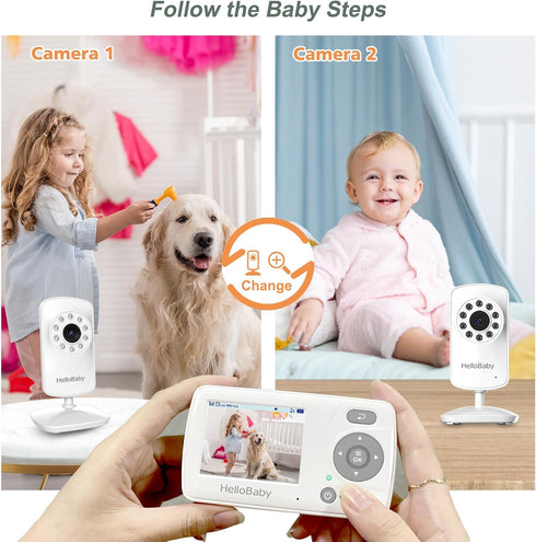 HelloBaby 2 2.4'' 1000ft Monitor with Cameras, Portable Travel Screen Baby Monitor No WiFi, Long Range Video Baby