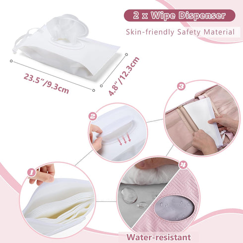 Diaper Clutch Bag with 2 Pieces Wipes Dispensers, Small Diaper Bag with Multiple Pockets for Baby Necessities, Pink