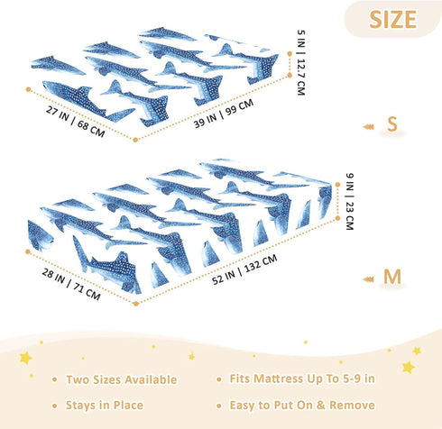 Mazeann 52" 28" 9" Ocean Whale Sharks White Crib Sheets Soft Breathable Fitted Cotton Baby Crib Sheets Mattress Cover