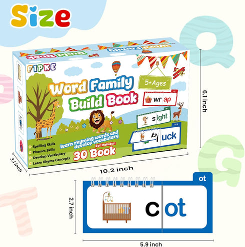 30 3-8 Word Family Build Book, Read and Rhyme Flip Activity Book, ABC Vocabulary Flash Cards CVC Words Reading Games