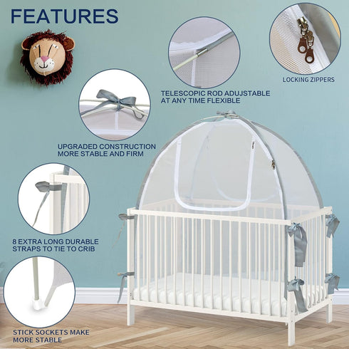 Baby & Beyond 52.25" 28.25") Baby Crib Tent Safety Net, Durable Strong Self-Locking Zippers, Protects from Climbing Out