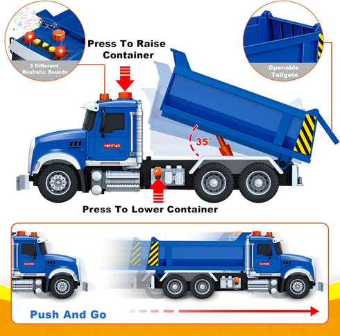 Kids Toys for 3-8 Years Old - 15" Large Dump Truck Toy with Lights & Sounds, Blue Friction Powered Vehicle for Boys &