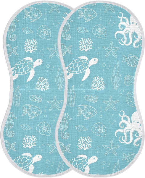 Qinllo 2 Pack Muslin Burp Cloths Sea Turtle Blue Cotton Baby Burp Cloths