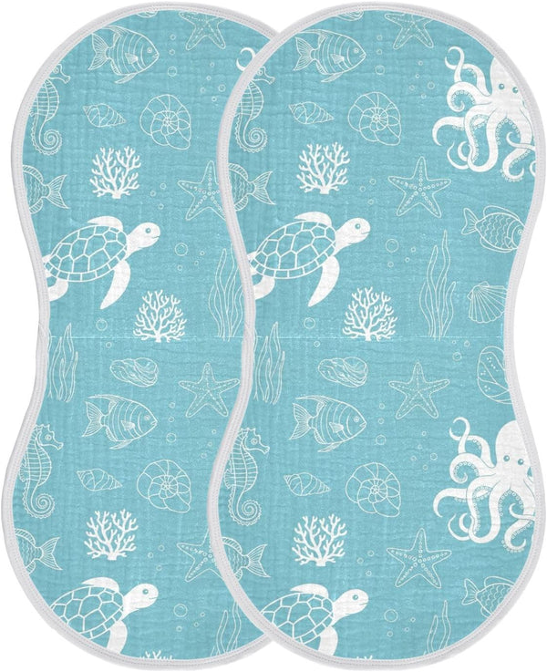 Qinllo 2 Pack Muslin Burp Cloths Sea Turtle Blue Cotton Baby Burp Cloths