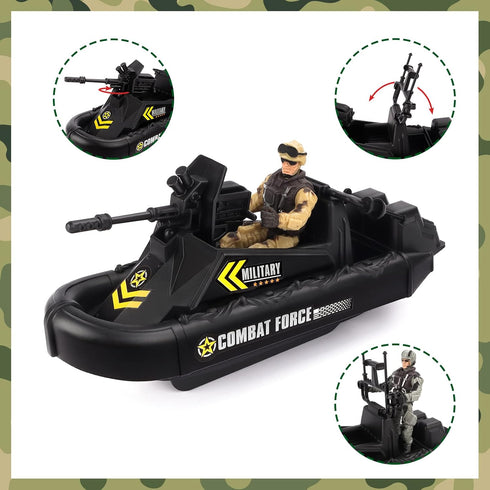 Set 2 3-5+ deAO Military Vehicles - Combat Boat Toy with Army Men Figures, Batter Boat and Other Weapon Gear