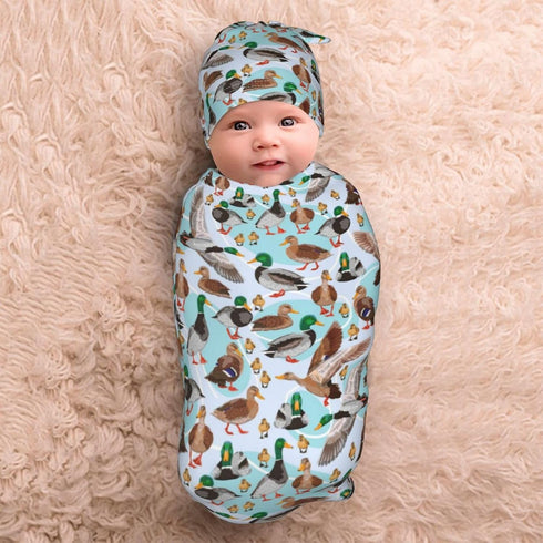 Broiteid Set Cartoon Mallard Duck Baby Stuff Newborn Baby Swaddle Blanket Swaddling Blanket with Beanie Soft for Unisex