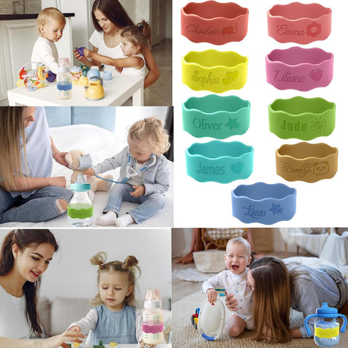 MOUZYLCASE Personalized Water Bottle Name Bands Custom Engraved Silicone Labels Customized Silicone Baby Bottle Labels
