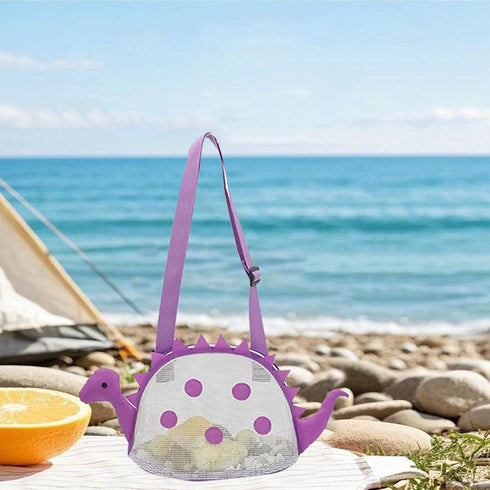 AUONY Swimming Beach Toy Mesh Beach Bag Kids Shell Bag Dinosaur Beach Sand Toy Totes for Holding Shells Beach Toys Sand