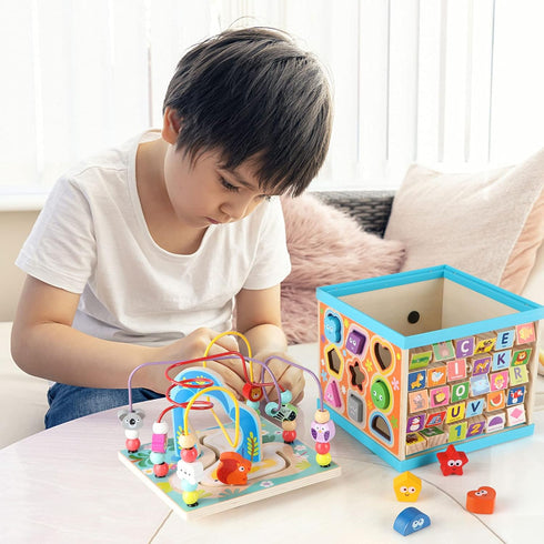 Qilay Wooden Activity Cube for Toddlers 1-3 - 5 in 1 Multipurpose ABC-123 Abacus Bead Maze Shape Sorter